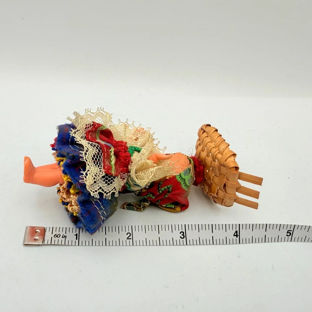 Vintage Cultural Souvenir Doll with Wicker Basket Sleep Eyes Folk Costume 4.5in